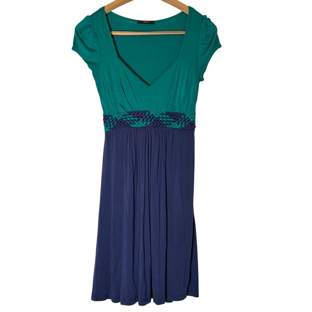 Soprano womens cap sleeve green navy fit flare dress. Size XS. workwear